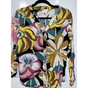 Fig & Flower Women's Size Medium Multicolor Sleeve Floral Shirt Blouse Button